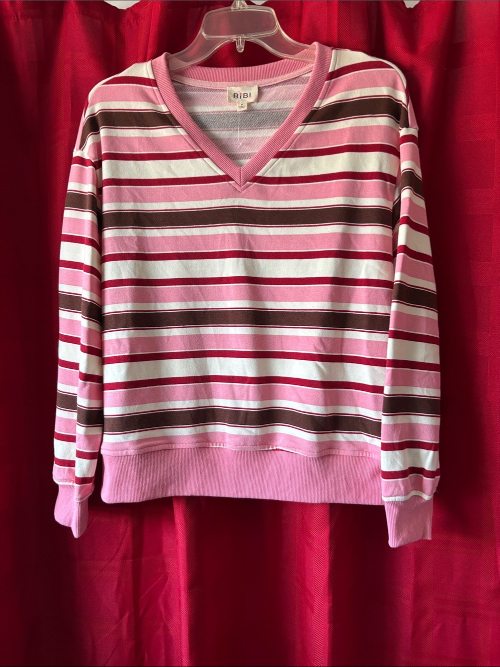 BiBi Pink, White & Brown Striped V-Neck Sweater, pit to pit 23”,SAMPLE from BiBi